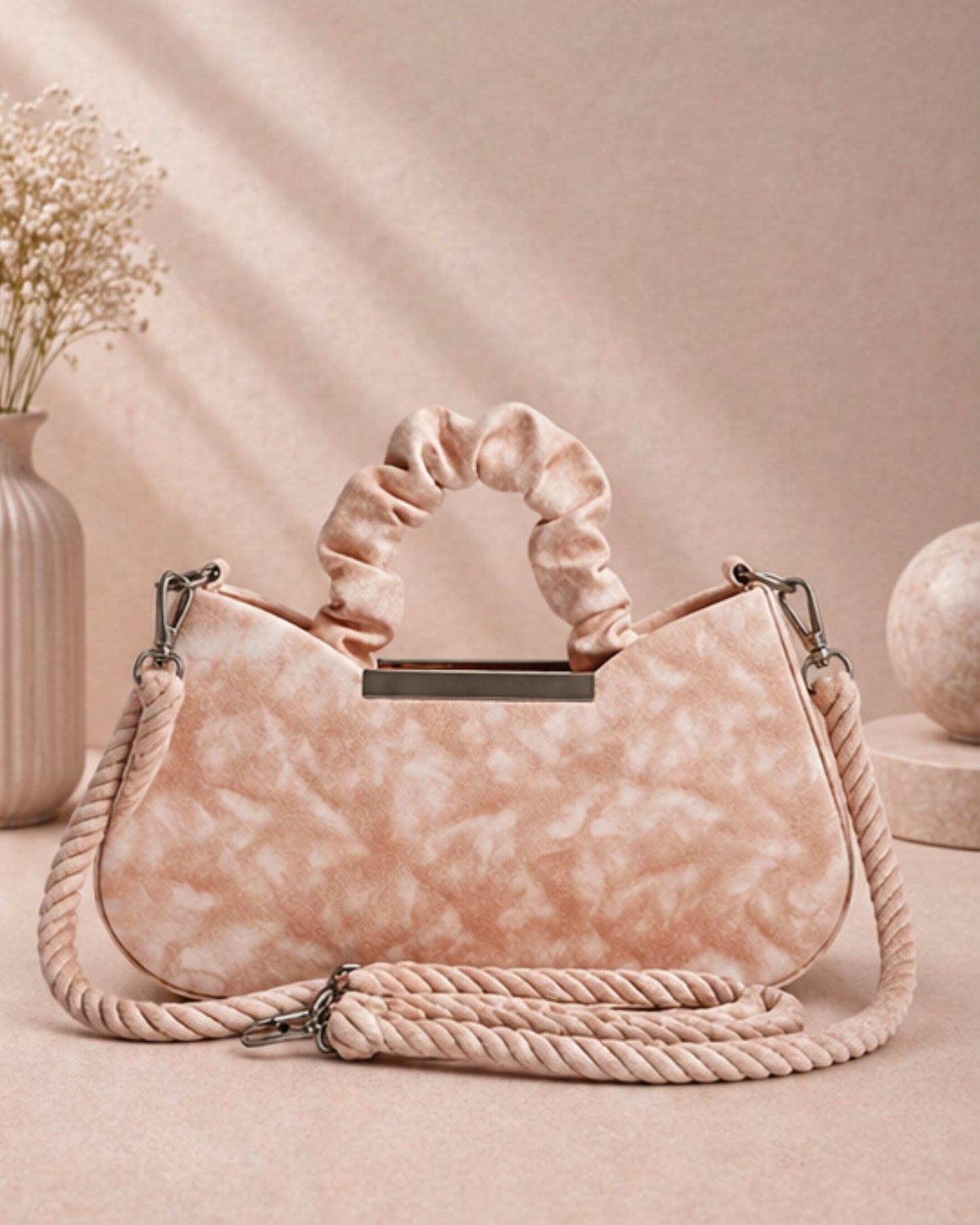 Swag Wali Saheli Chic Marble Texture Scrunch Handle Handbag (Peach Blush)