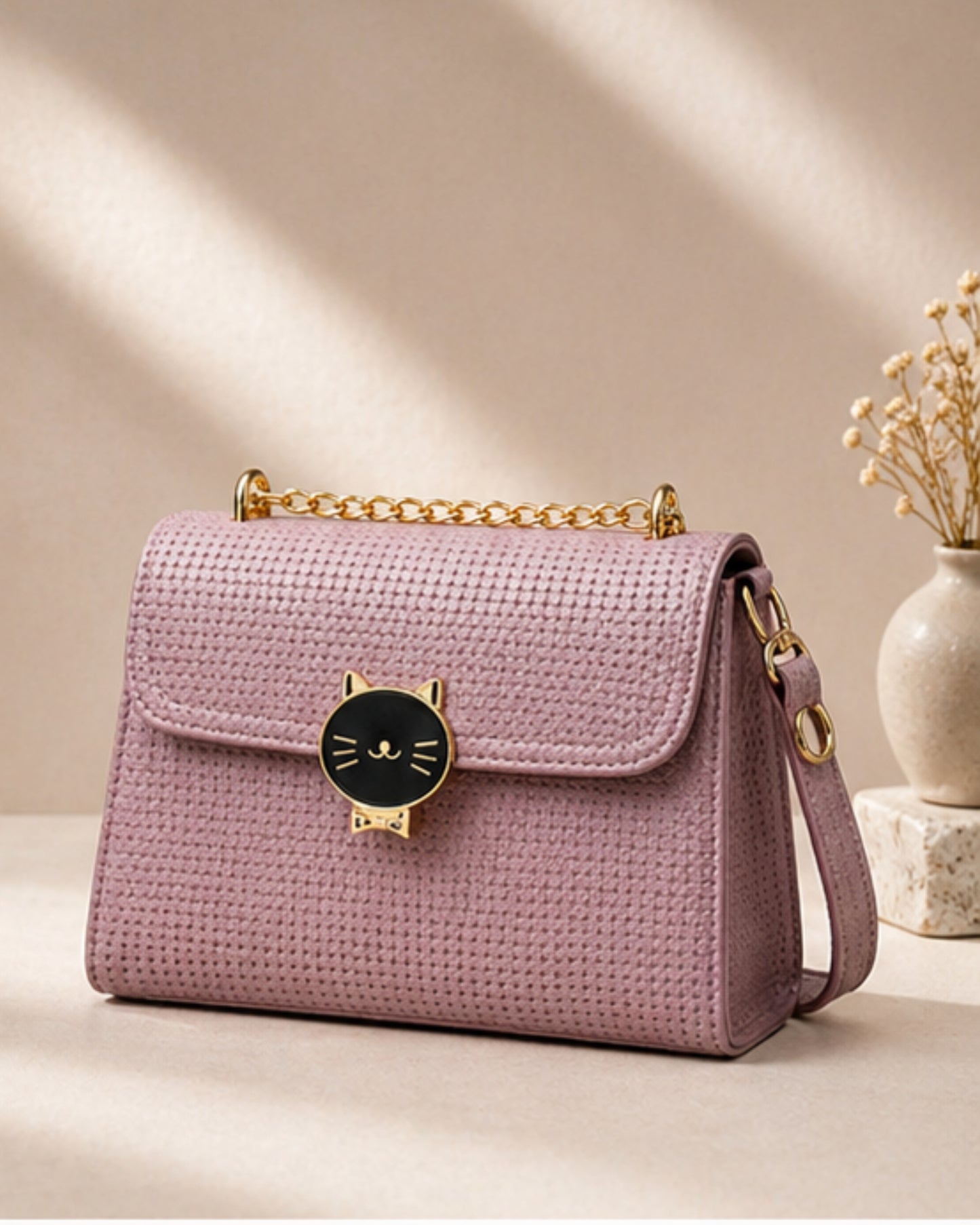 Swag Wali Saheli Cute Cat Lock Chain Sling Bag (Blush Pink)
