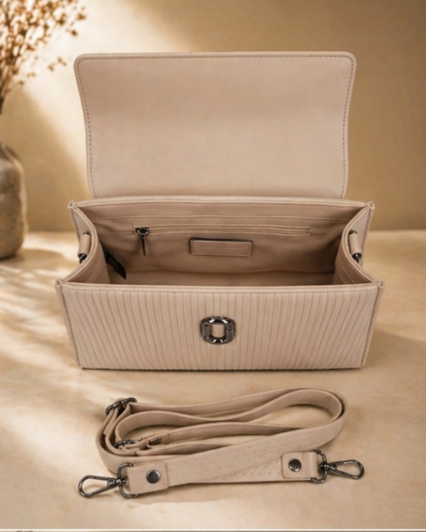 Swag Wali Saheli Textured Box Top Handle Sling Handbag (Beige Nude)