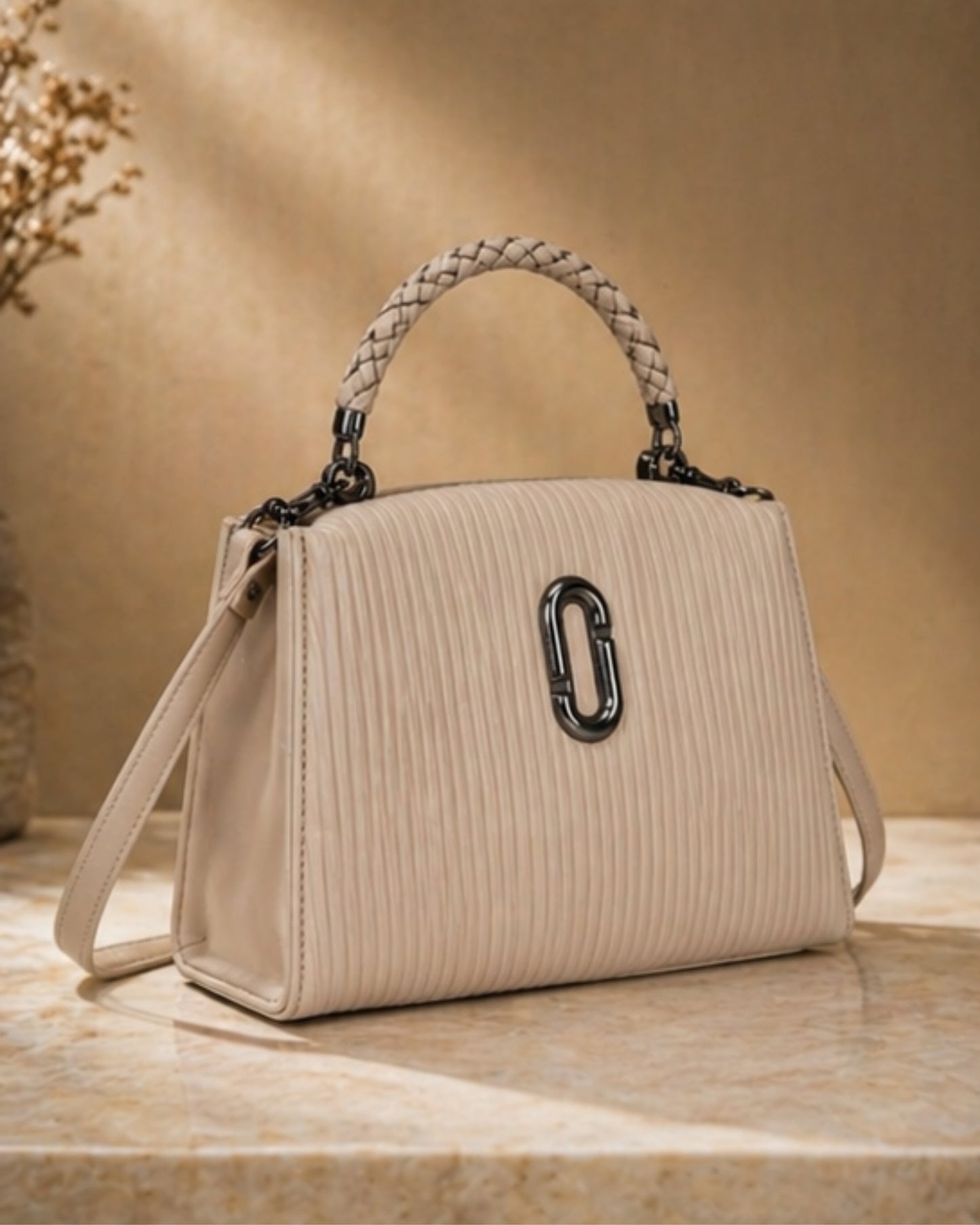 Swag Wali Saheli Textured Box Top Handle Sling Handbag (Beige Nude)